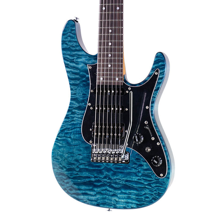 7-String guitar close-up: fanned frets and extended range explained.