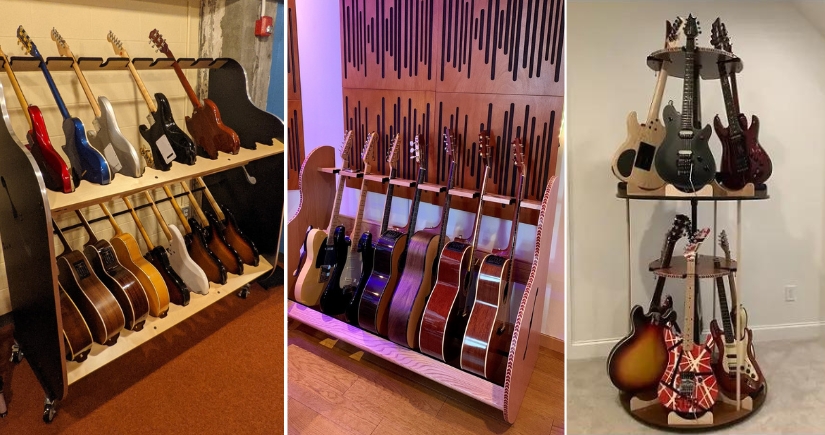 Collection of best budget guitars under $300 displayed on stands in music store for beginner guitar buyers guide