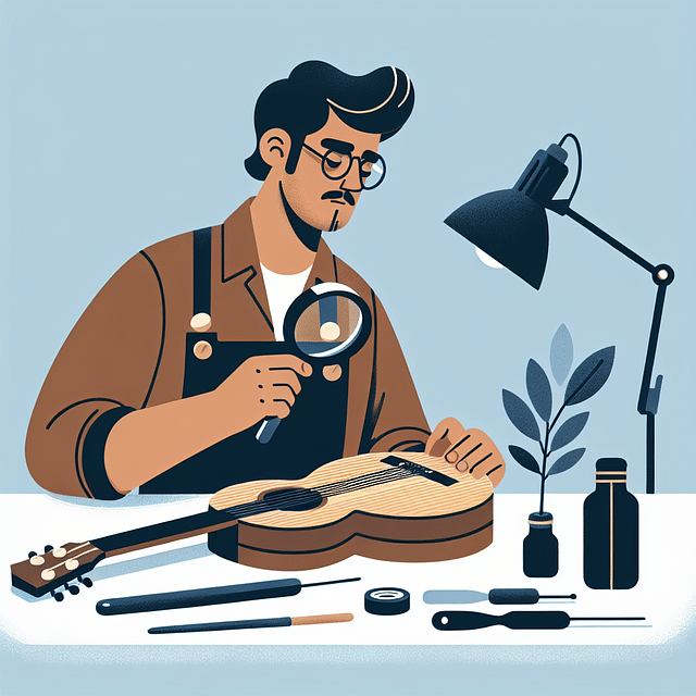 luthier inspecting an acoustic guitar