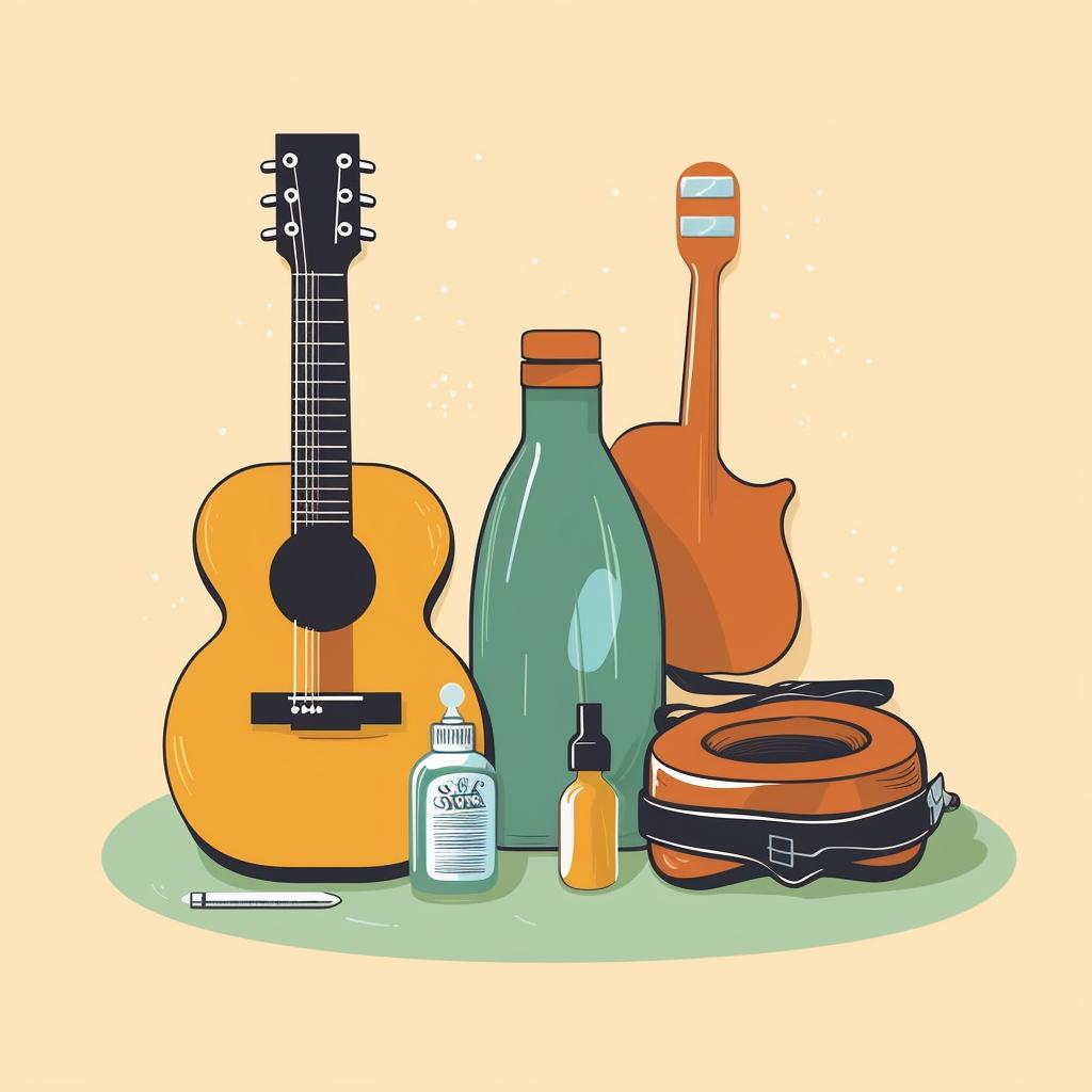 Cleaning supplies for a guitar laid out on a table