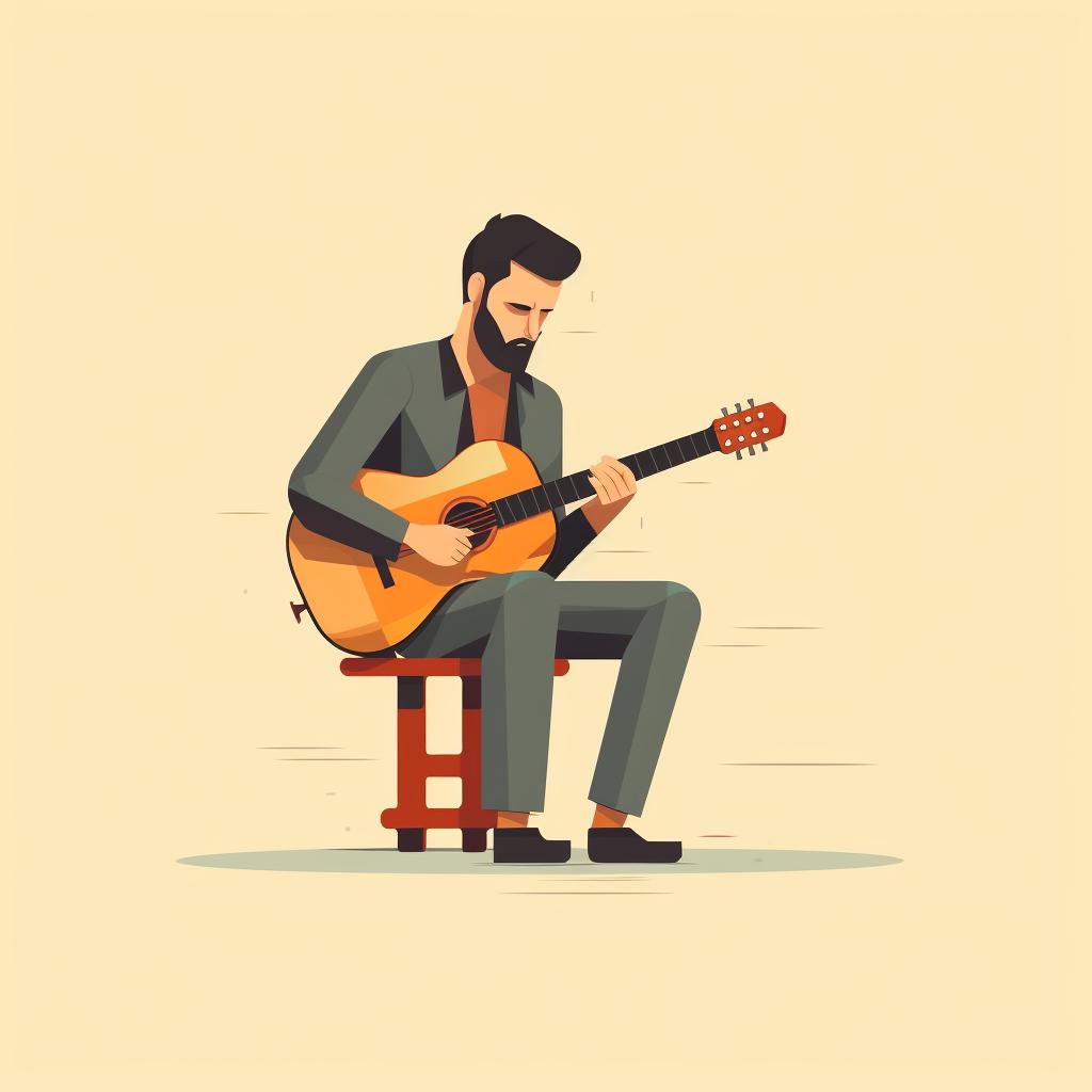 Left-handed guitarist sitting upright with guitar resting on left thigh