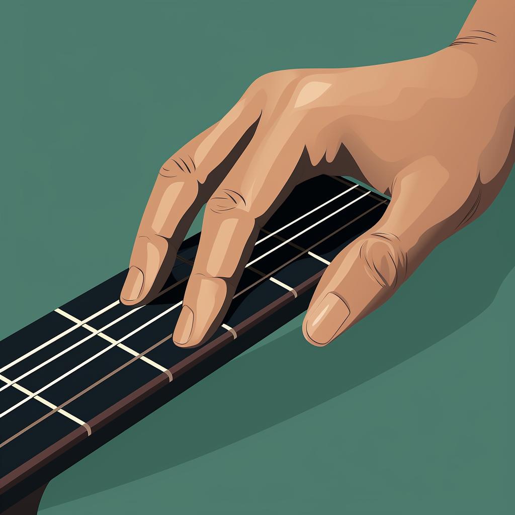 Close-up of fingers correctly positioned behind the frets