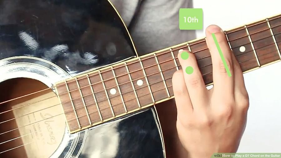 Guitarist playing the D7 chord on an acoustic guitar