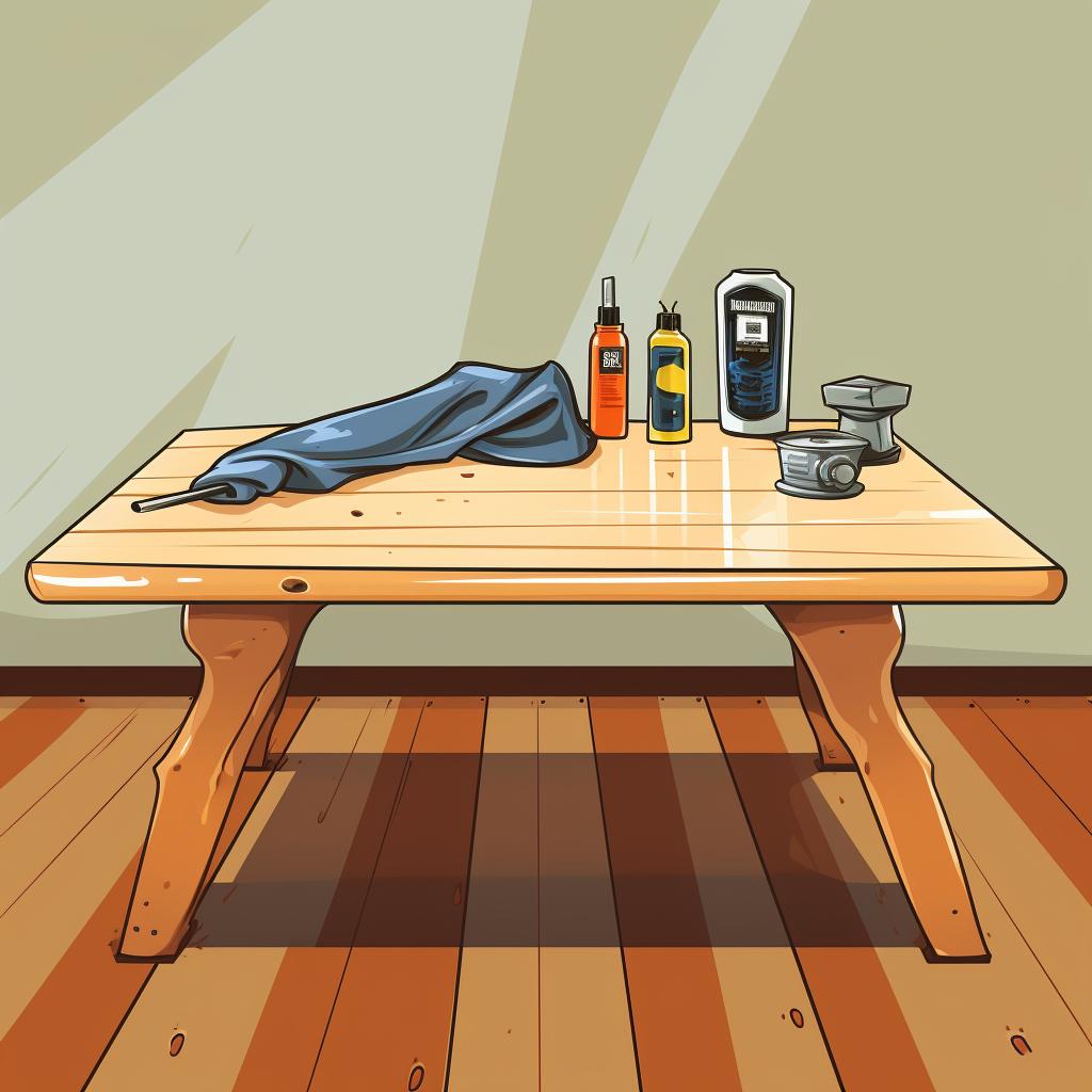 A table with Titebond Original Wood Glue, clamps, a clean cloth, and sandpaper.