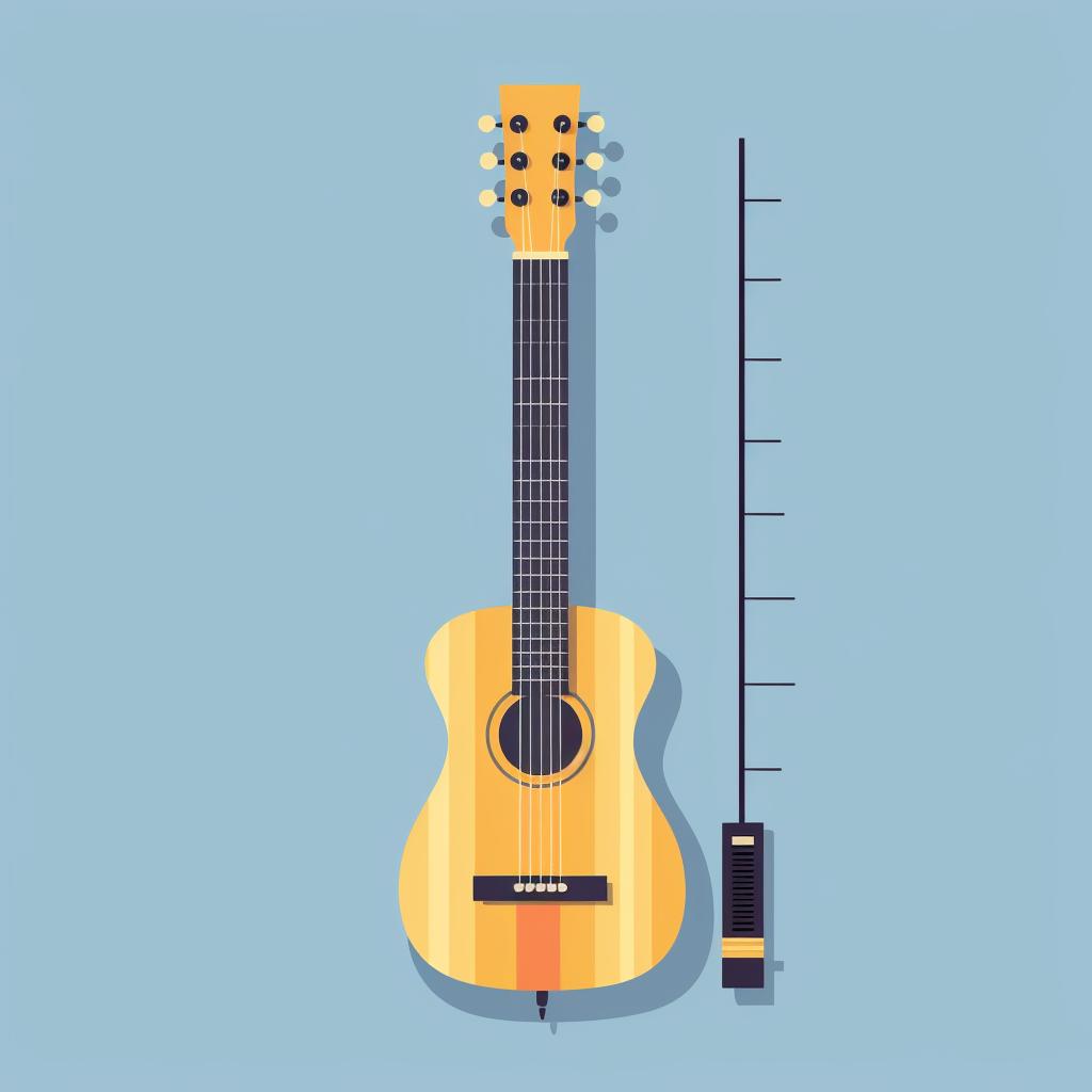 A string action gauge measuring the height of the strings on a guitar.